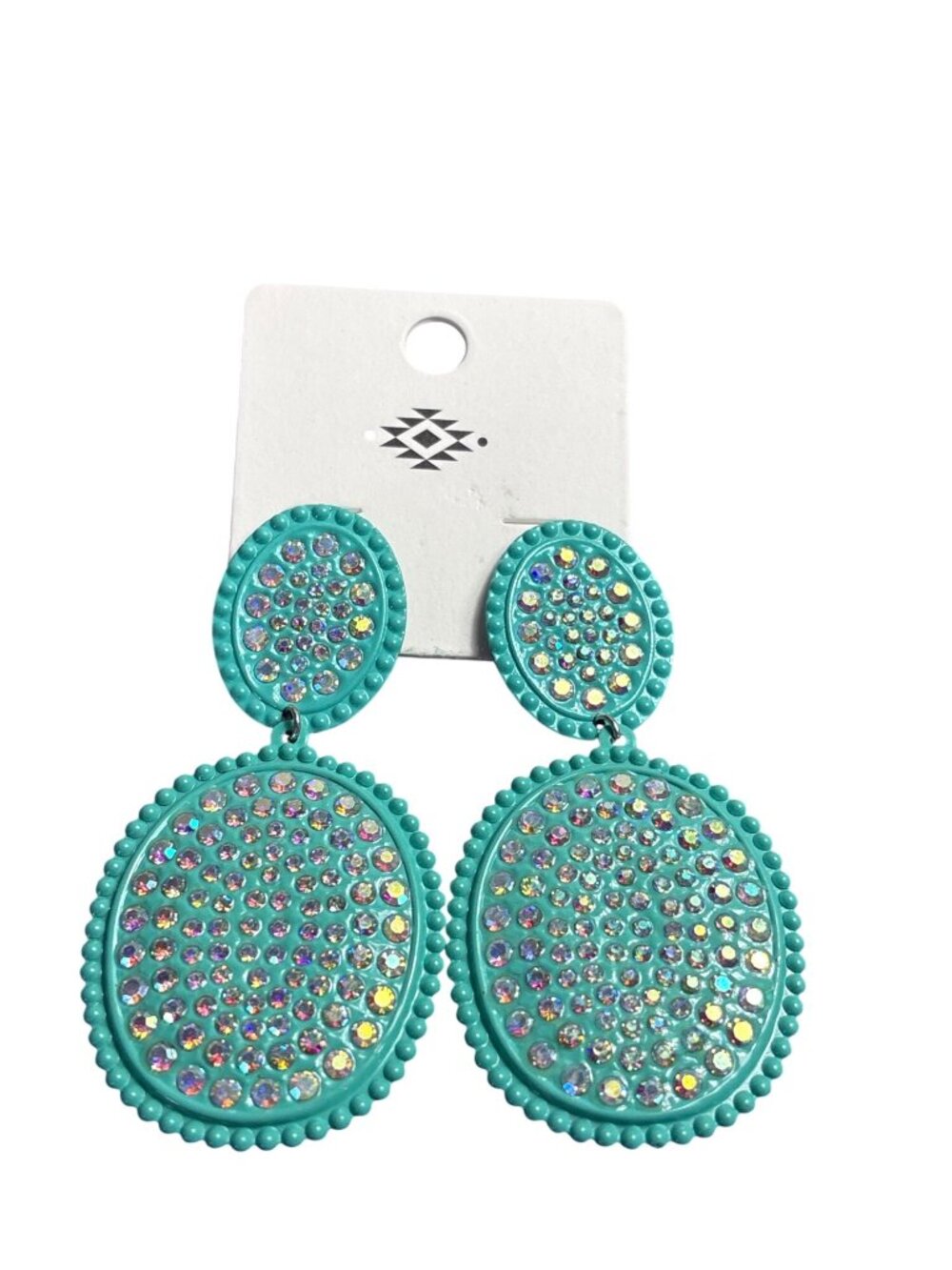 Teal Metal Ovals Dangle Earrings AB Aurora Borealis Rhinestones 2.75 inches New